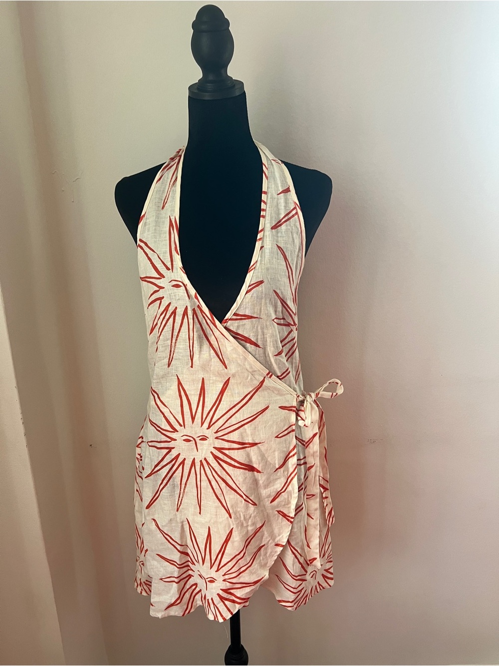 Vrg Grl Ethical Fabric Sunburst Wrap Halter Dress With Orange Sun Print Size M/L